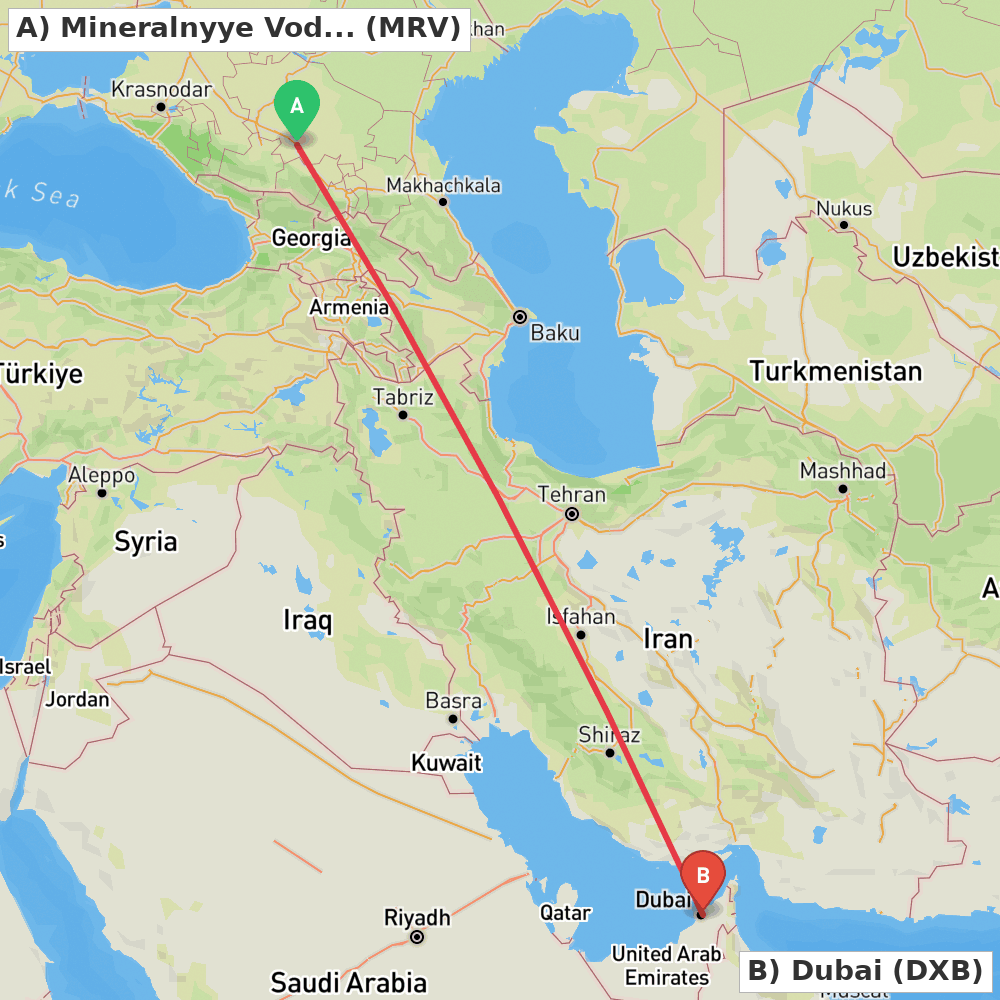 Flight route map from Mineralnyye Vody to Dubai