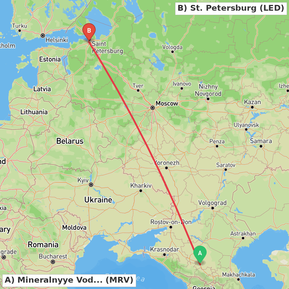 Flight route map from Mineralnyye Vody to St. Petersburg