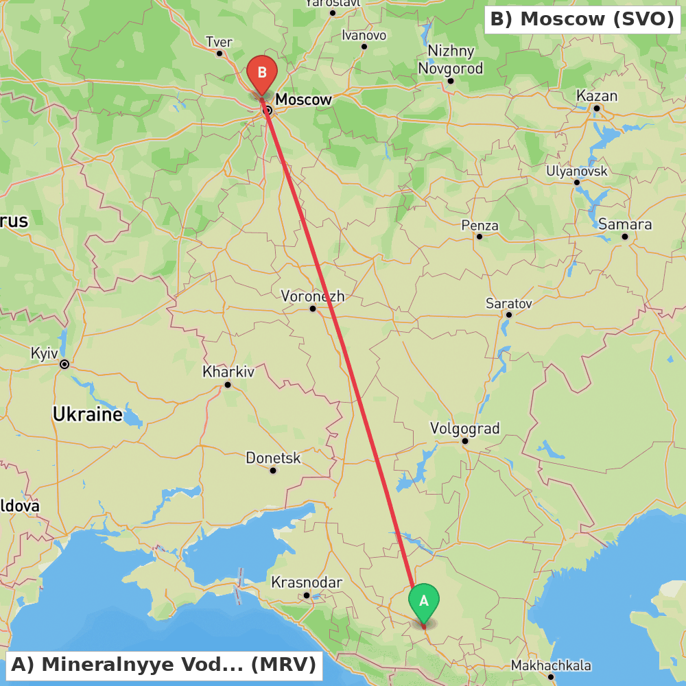 Flight route map from Mineralnyye Vody to Moscow