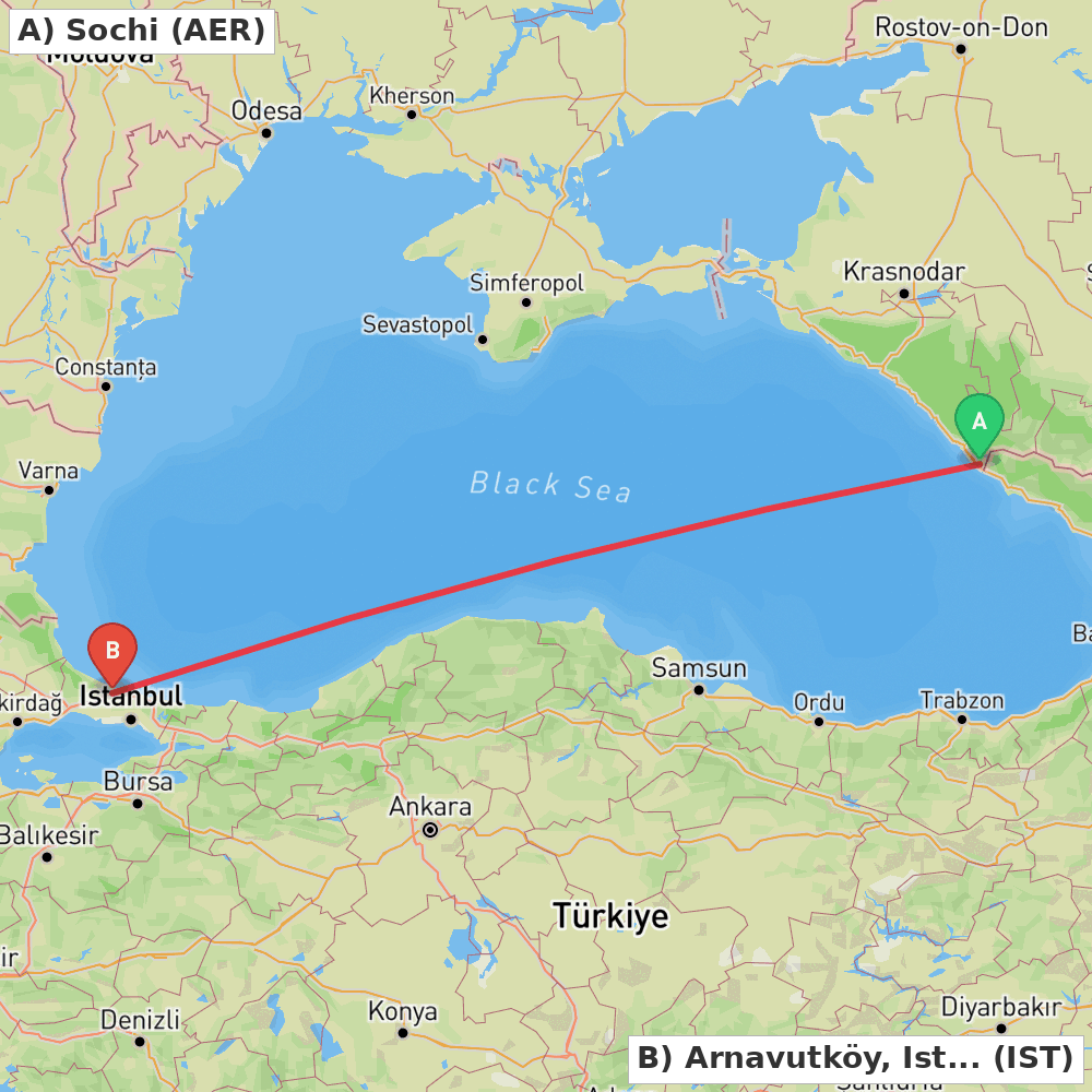 Flight route map from Sochi to Arnavutköy, Istanbul