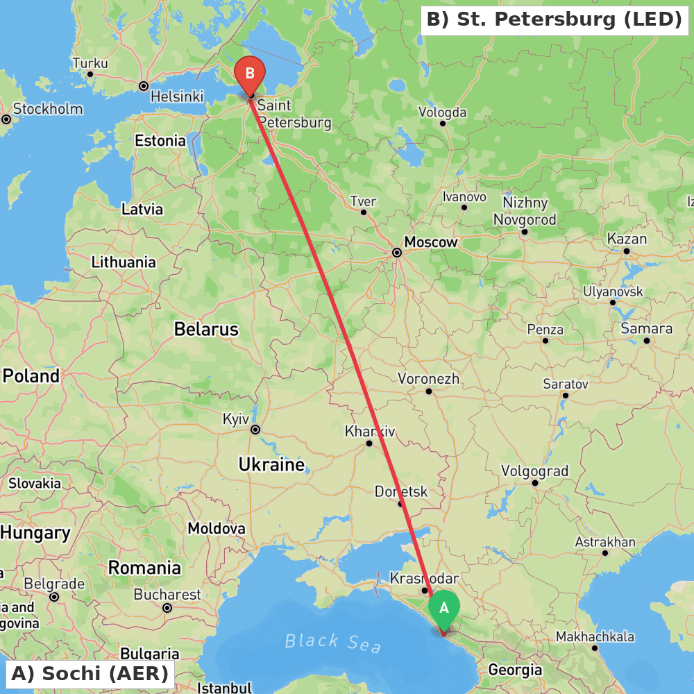 Flight route map from Sochi to St. Petersburg