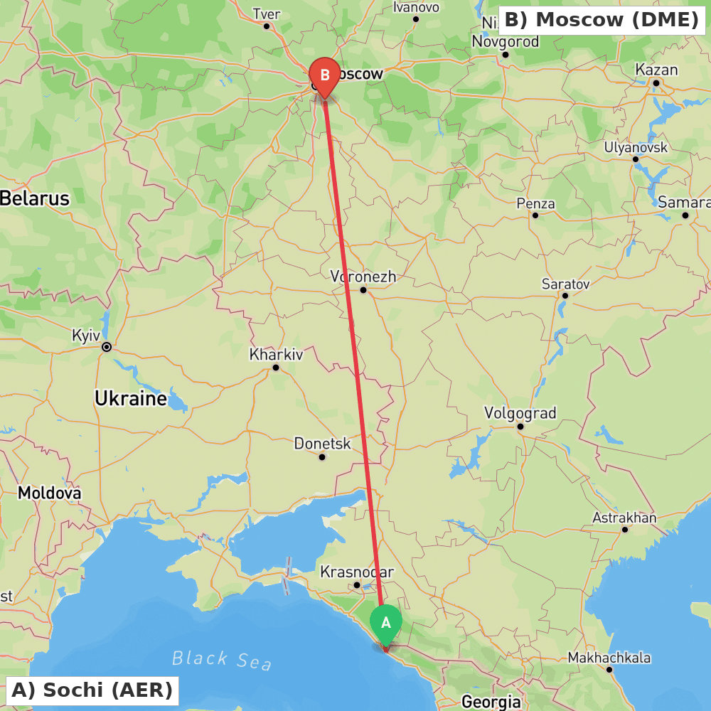 Flight route map from Sochi to Moscow
