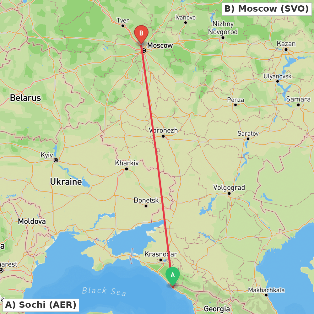 Flight route map from Sochi to Moscow