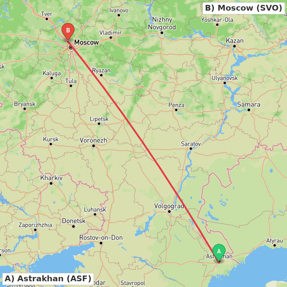 Flight route map from Astrakhan to Moscow