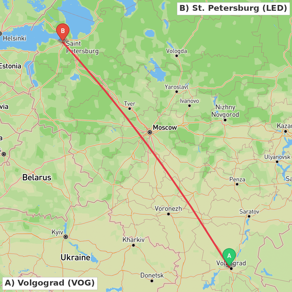 Flight route map from Volgograd to St. Petersburg