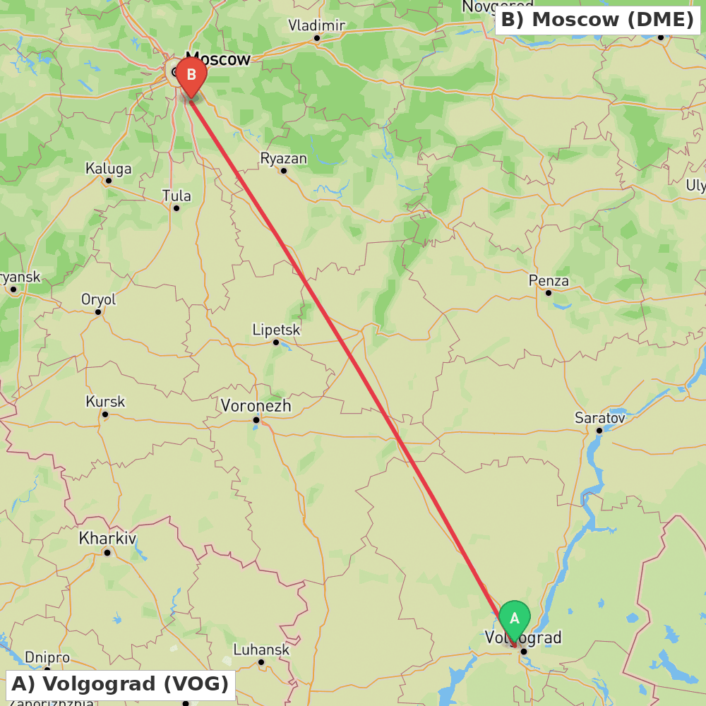Flight route map from Volgograd to Moscow