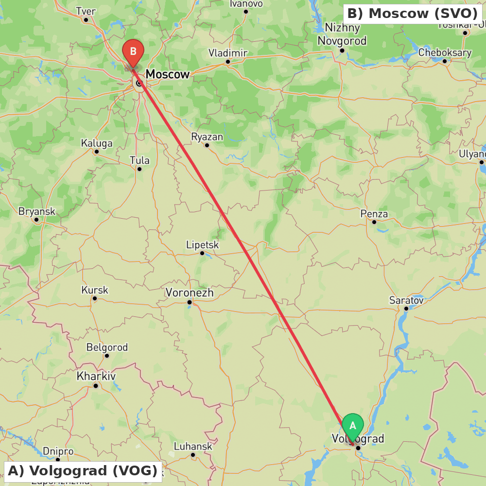 Flight route map from Volgograd to Moscow