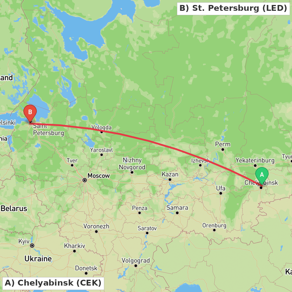Flight route map from Chelyabinsk to St. Petersburg