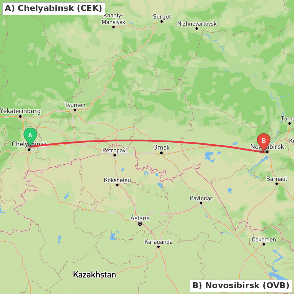 Flight route map from Chelyabinsk to Novosibirsk