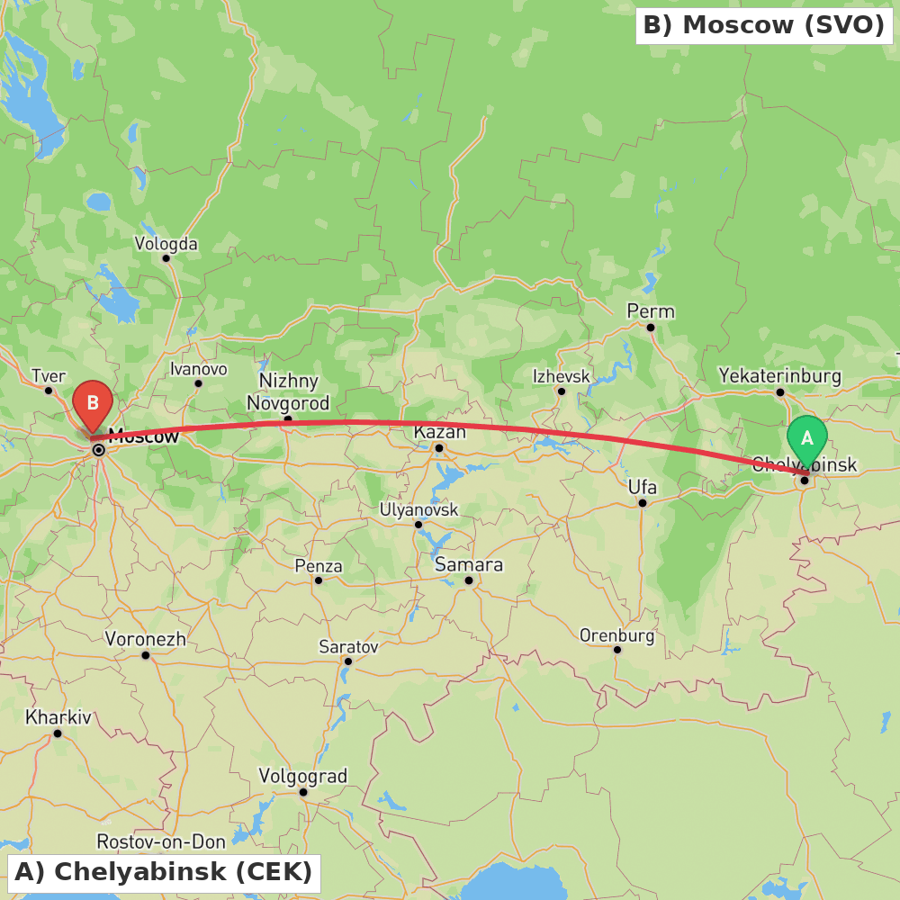 Flight route map from Chelyabinsk to Moscow
