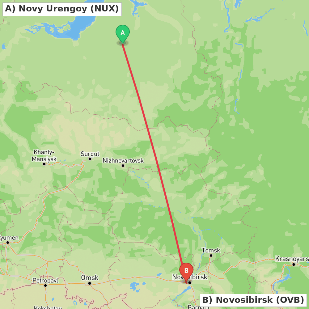 Flight route map from Novy Urengoy to Novosibirsk