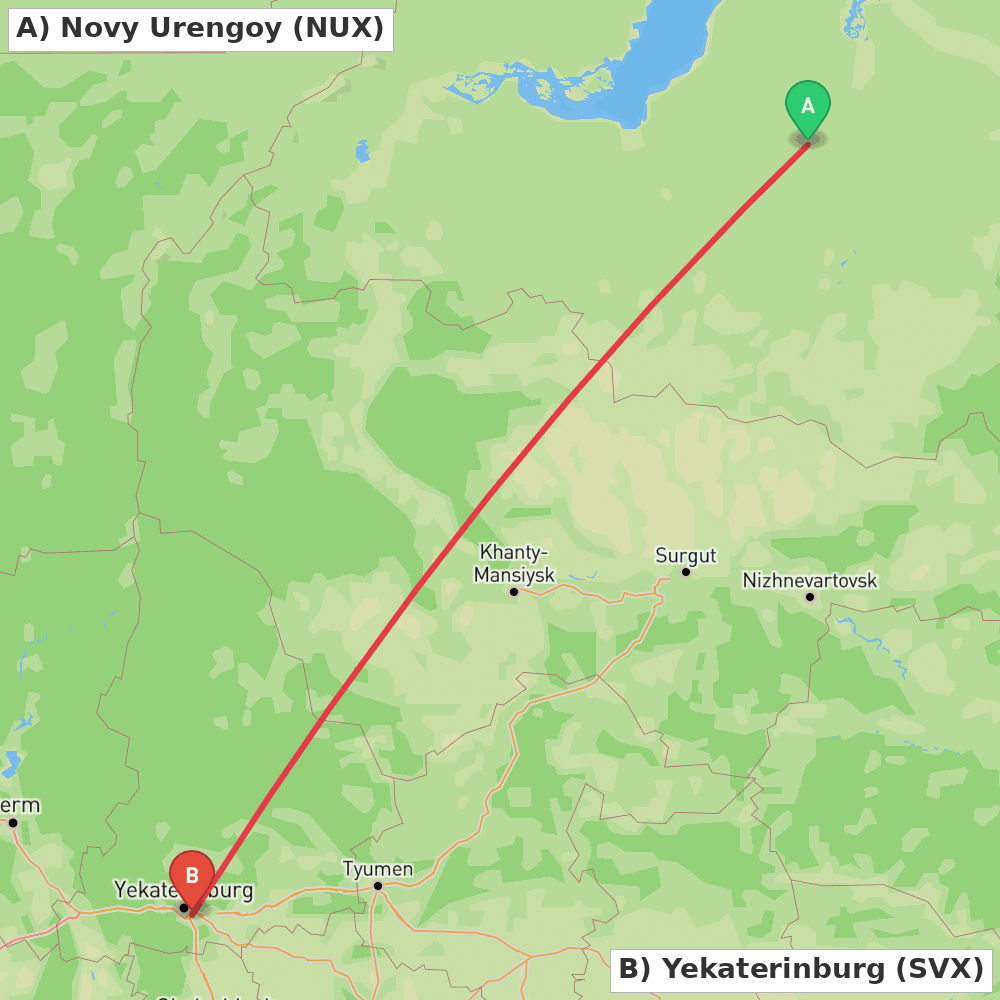 Flight route map from Novy Urengoy to Yekaterinburg
