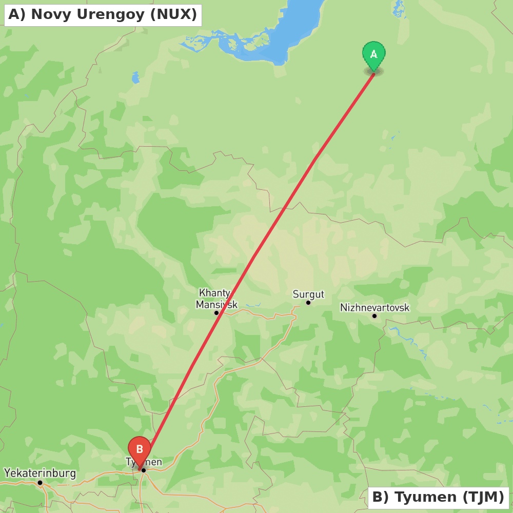 Flight route map from Novy Urengoy to Tyumen