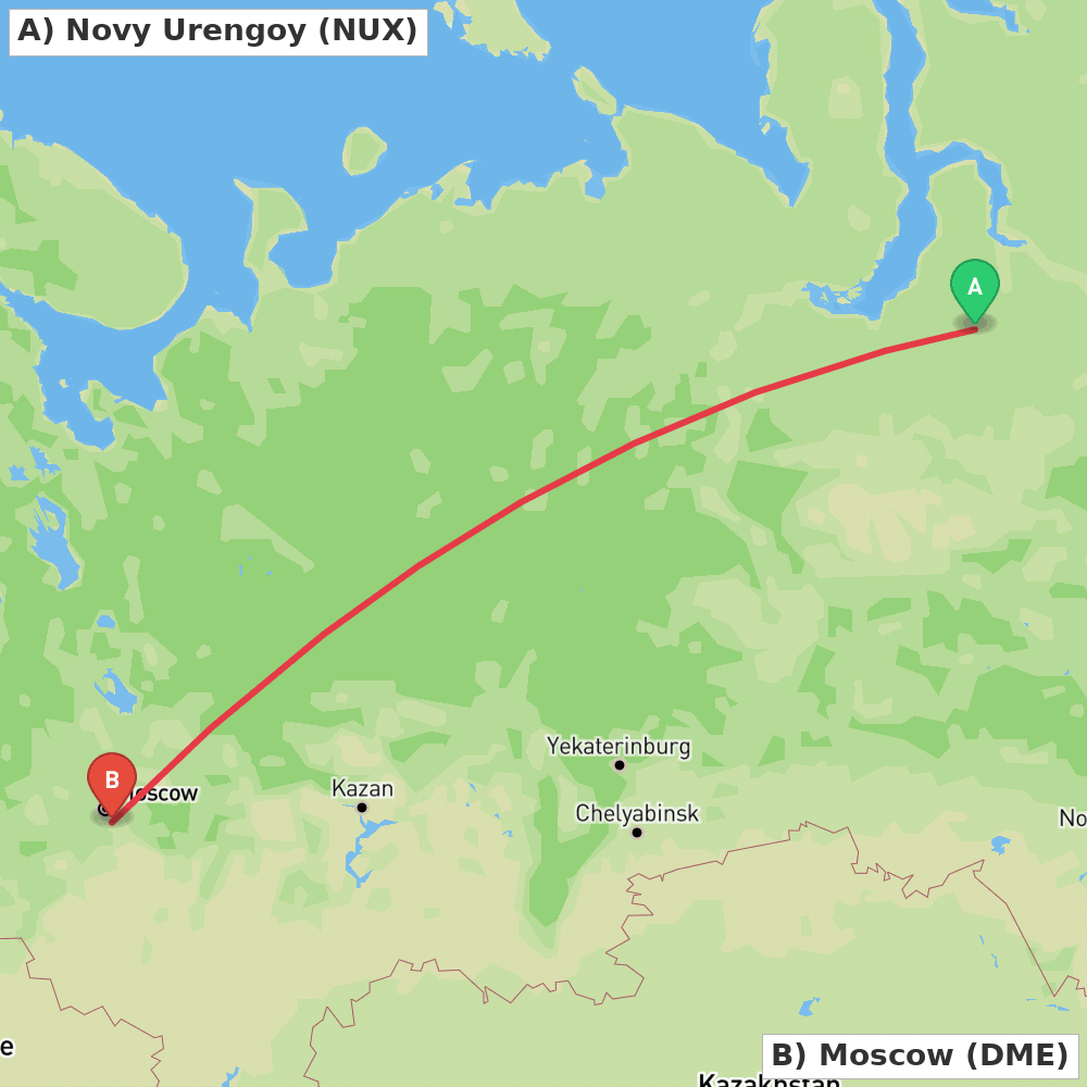 Flight route map from Novy Urengoy to Moscow