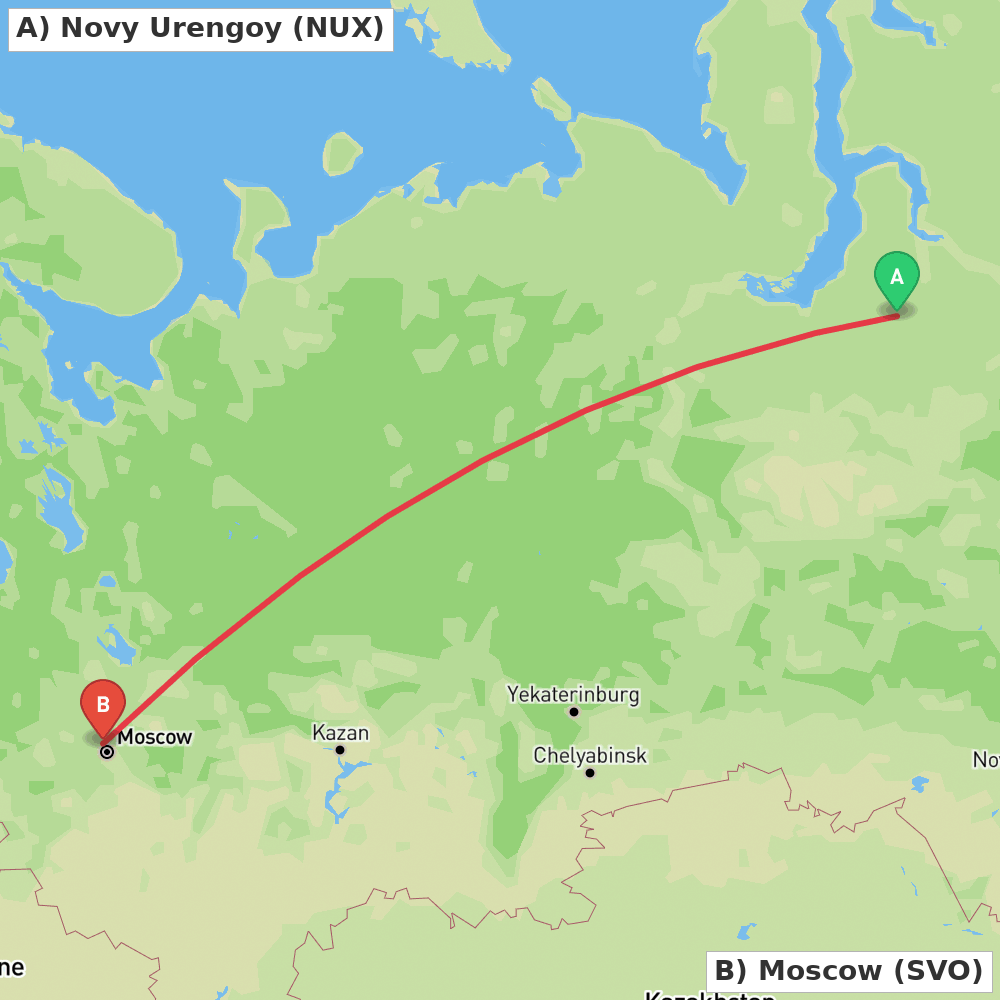 Flight route map from Novy Urengoy to Moscow