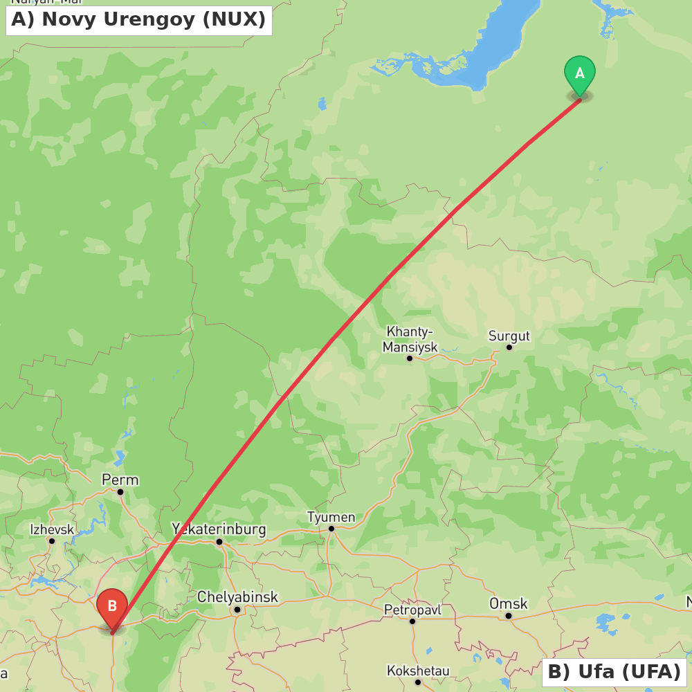 Flight route map from Novy Urengoy to Ufa