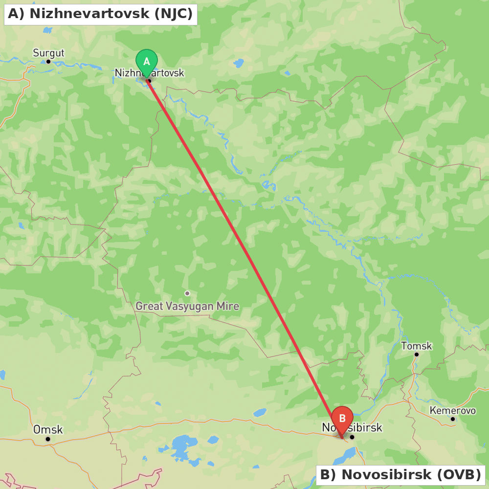 Flight route map from Nizhnevartovsk to Novosibirsk