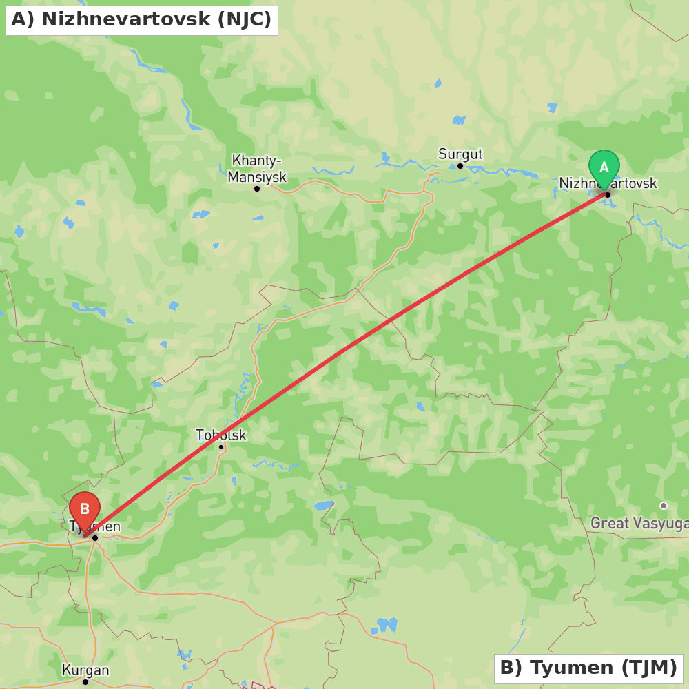 Flight route map from Nizhnevartovsk to Tyumen