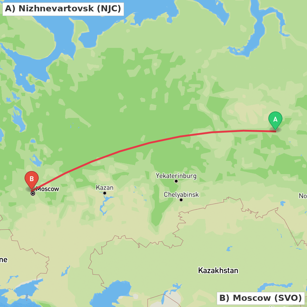 Flight route map from Nizhnevartovsk to Moscow