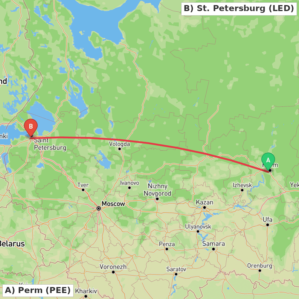 Flight route map from Perm to St. Petersburg