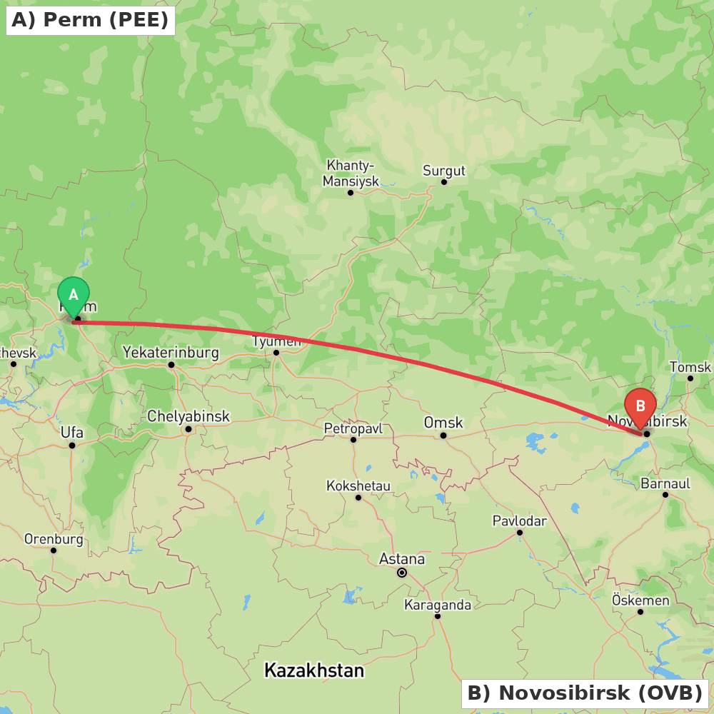 Flight route map from Perm to Novosibirsk
