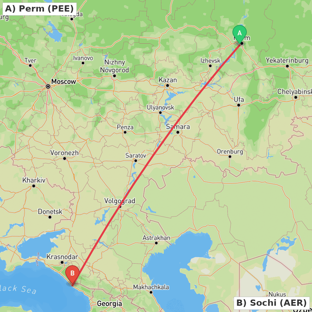 Flight route map from Perm to Sochi