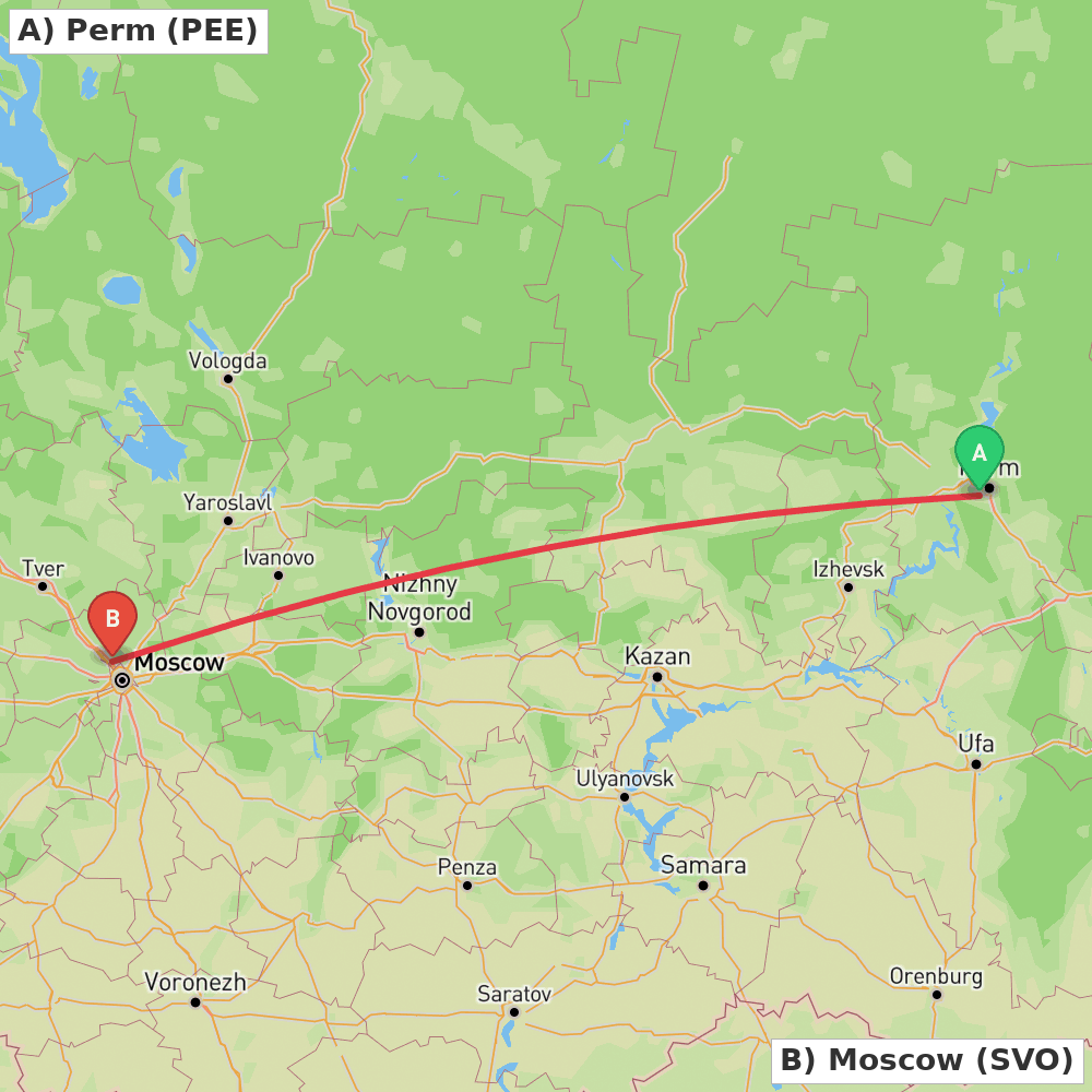 Flight route map from Perm to Moscow