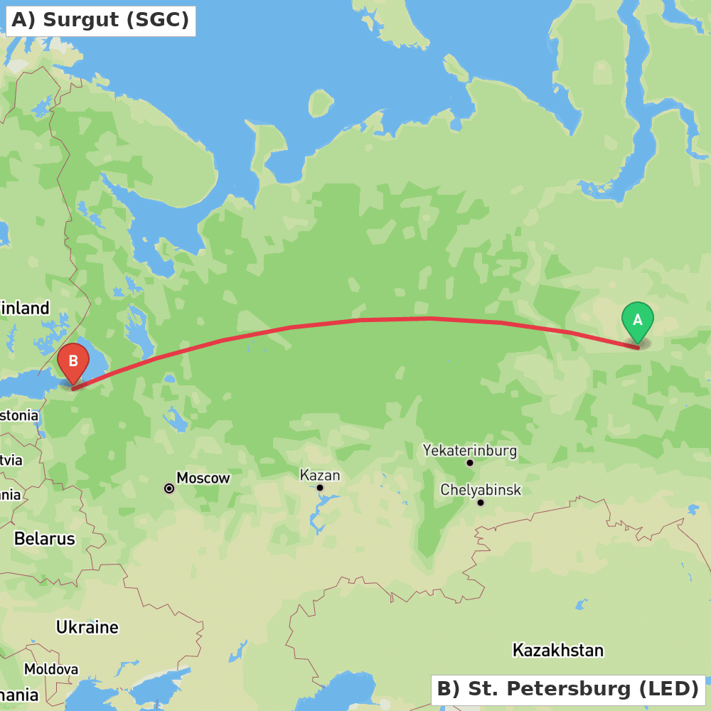 Flight route map from Surgut to St. Petersburg
