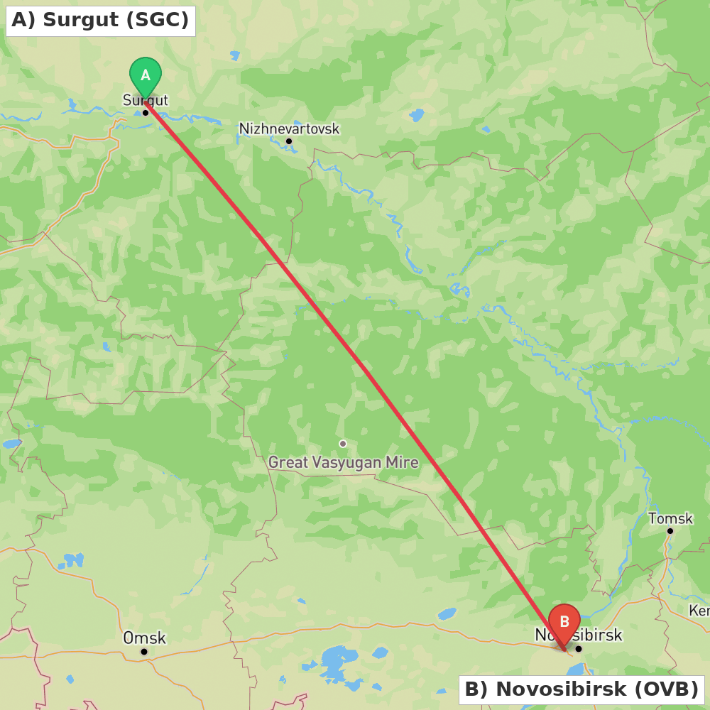 Flight route map from Surgut to Novosibirsk