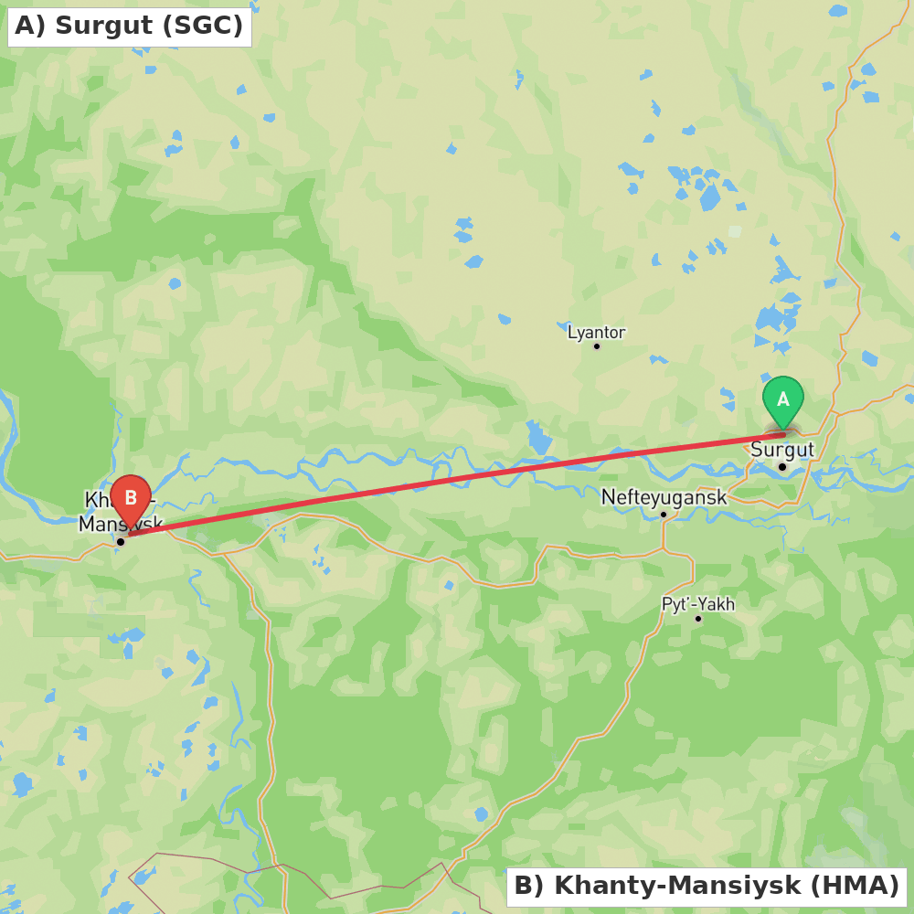 Flight route map from Surgut to Khanty-Mansiysk
