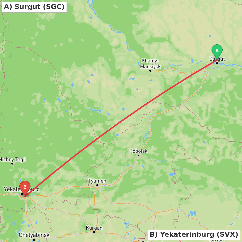 Flight route map from Surgut to Yekaterinburg