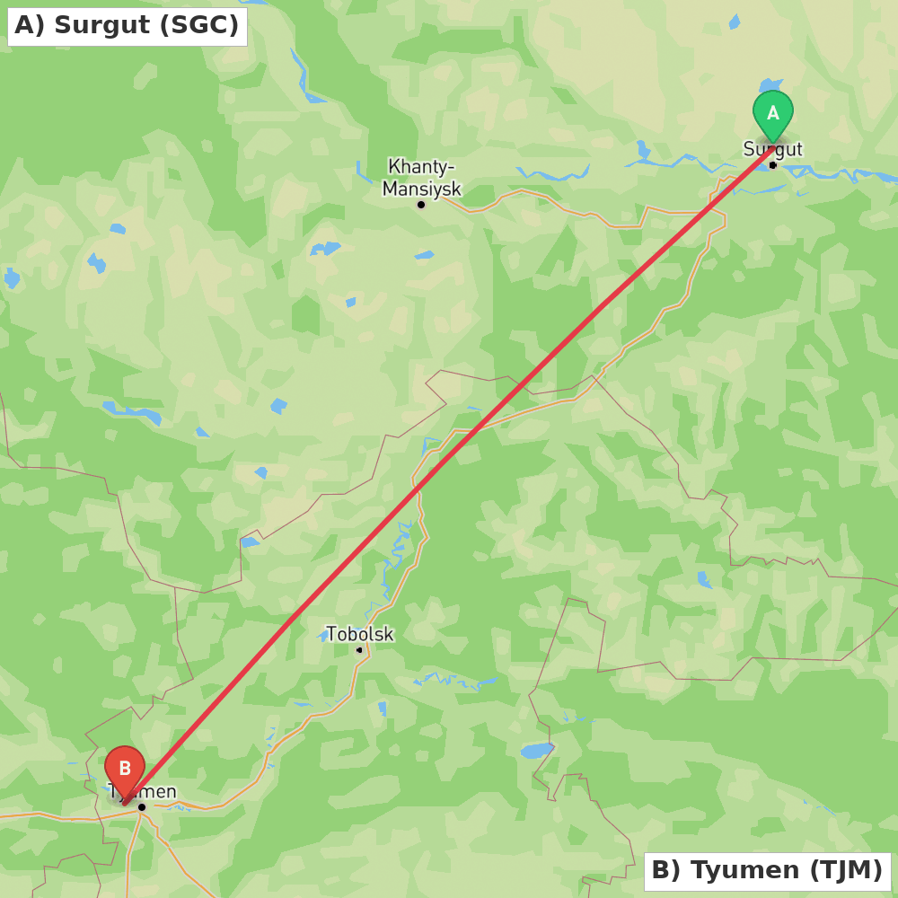 Flight route map from Surgut to Tyumen