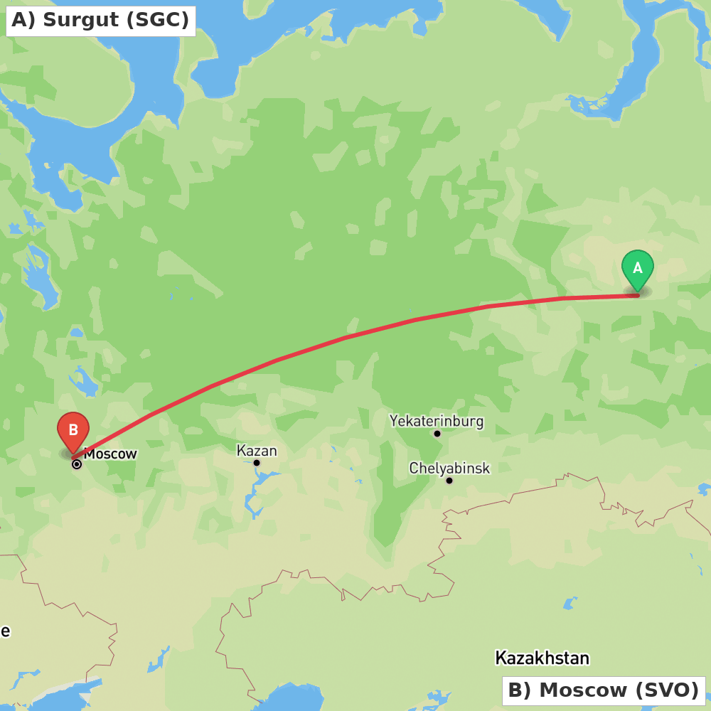 Flight route map from Surgut to Moscow