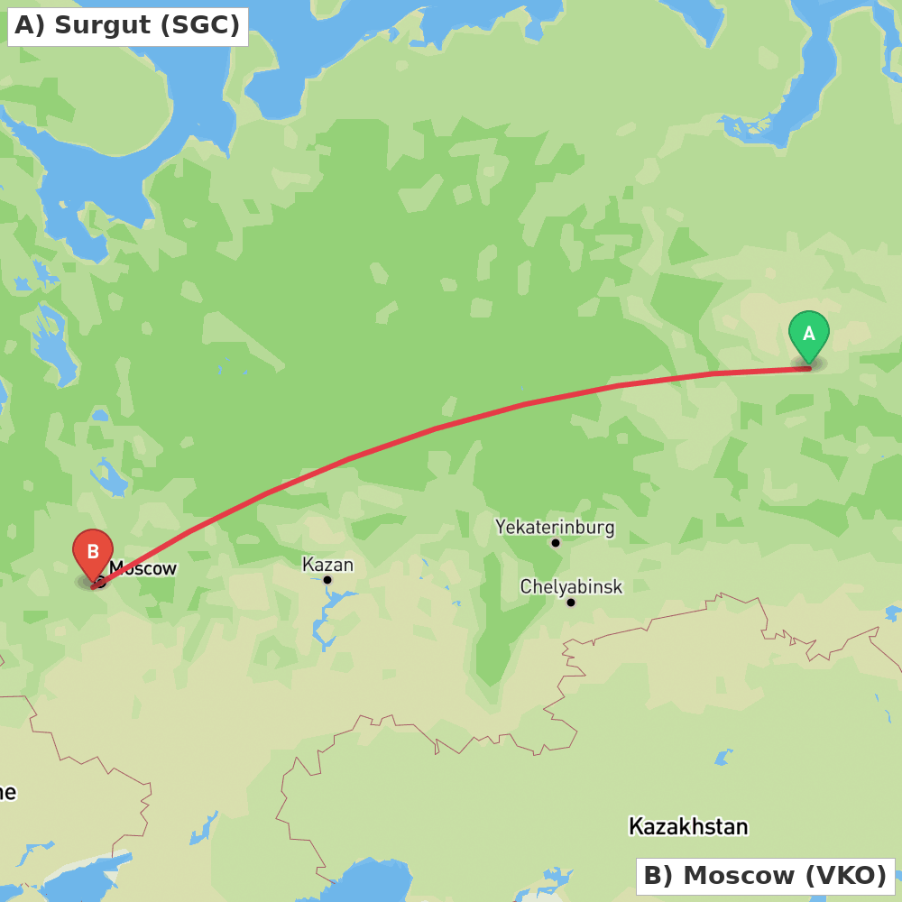 Flight route map from Surgut to Moscow