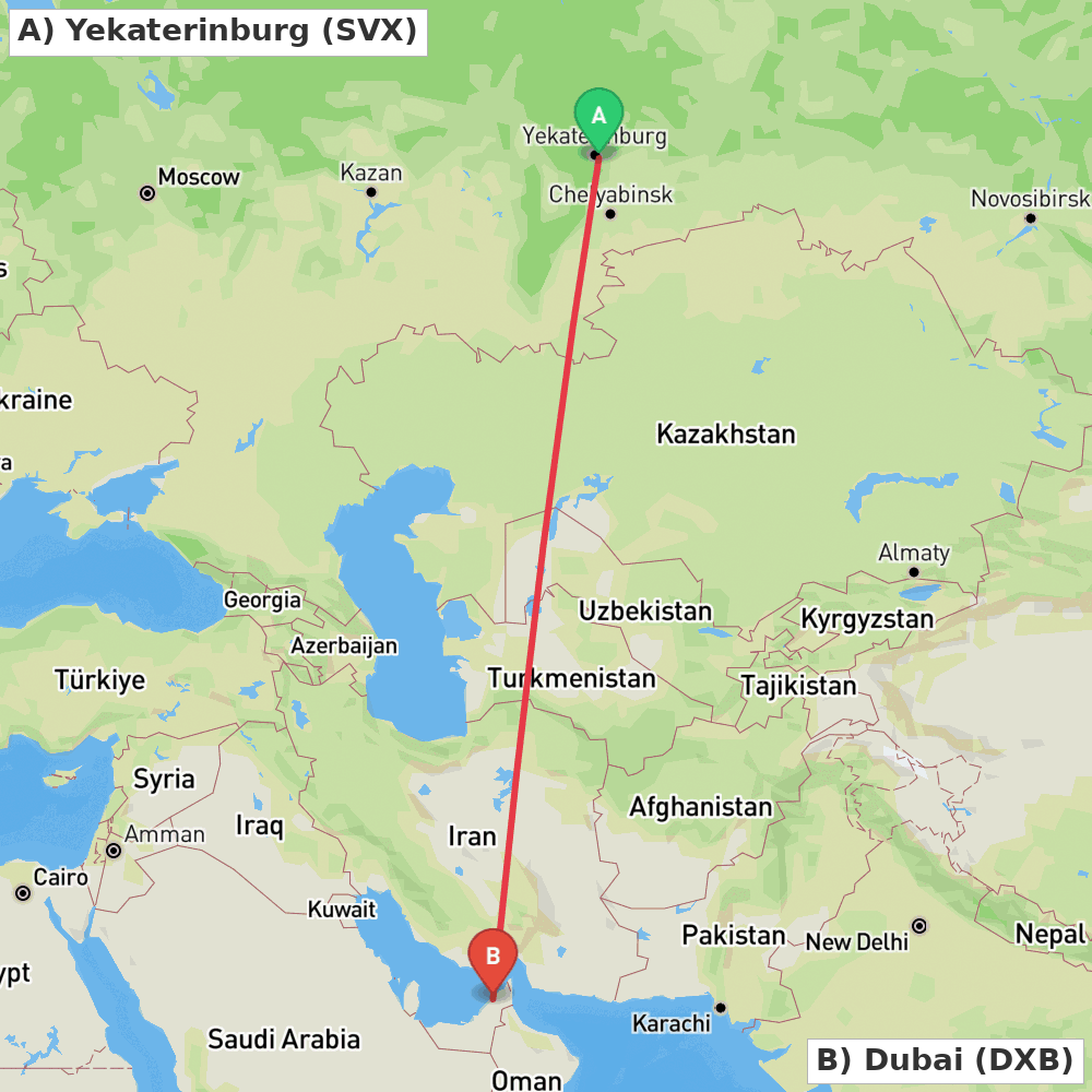 Flight route map from Yekaterinburg to Dubai