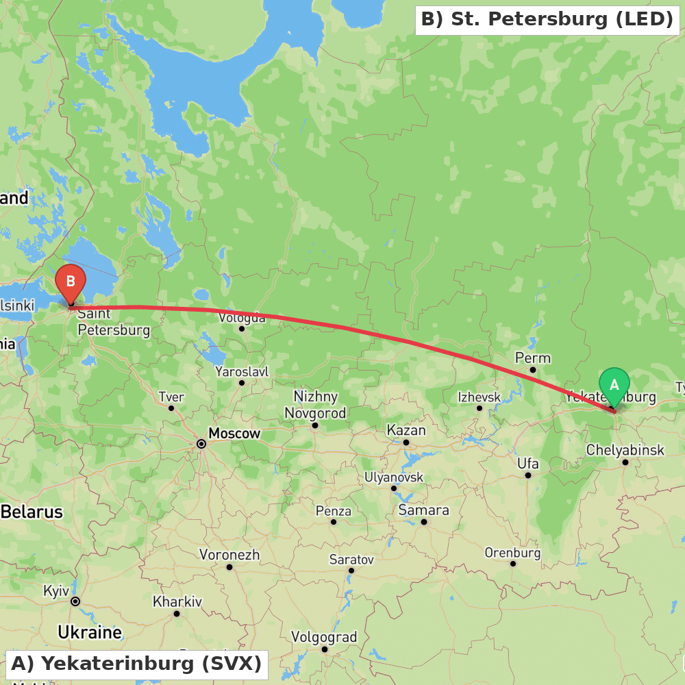 Flight route map from Yekaterinburg to St. Petersburg