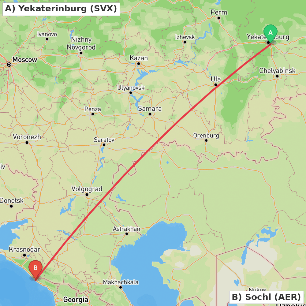 Flight route map from Yekaterinburg to Sochi