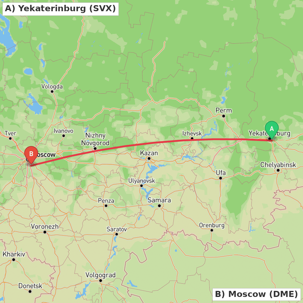 Flight route map from Yekaterinburg to Moscow