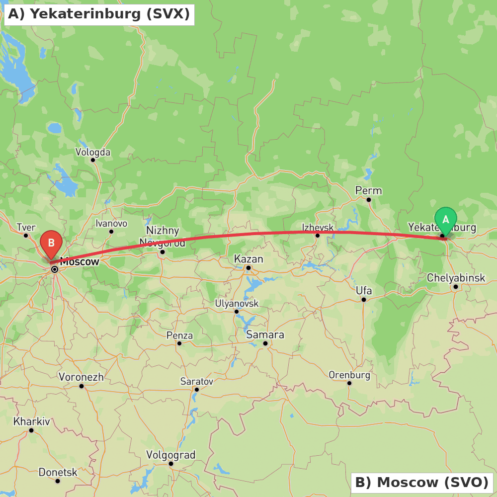 Flight route map from Yekaterinburg to Moscow