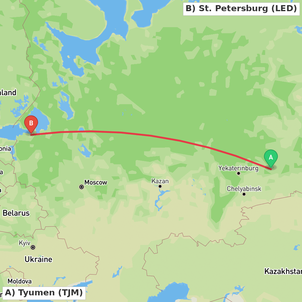 Flight route map from Tyumen to St. Petersburg