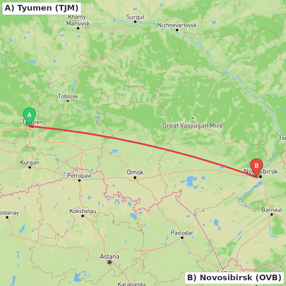 Flight route map from Tyumen to Novosibirsk