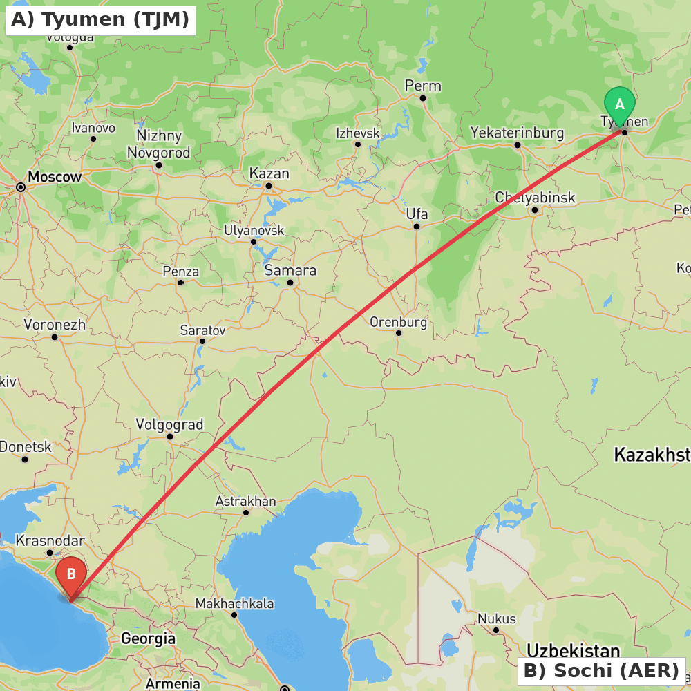 Flight route map from Tyumen to Sochi