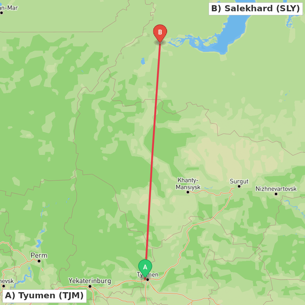 Flight route map from Tyumen to Salekhard