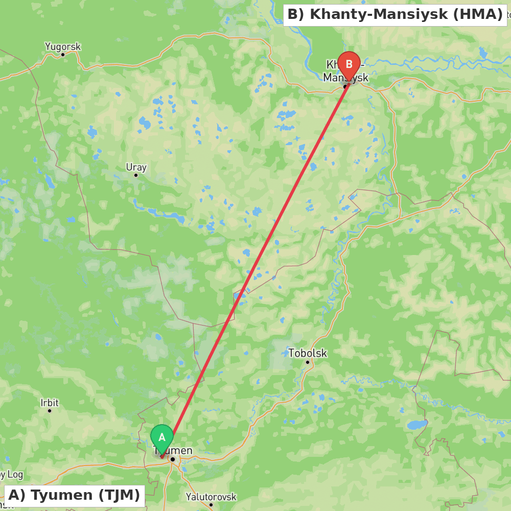 Flight route map from Tyumen to Khanty-Mansiysk