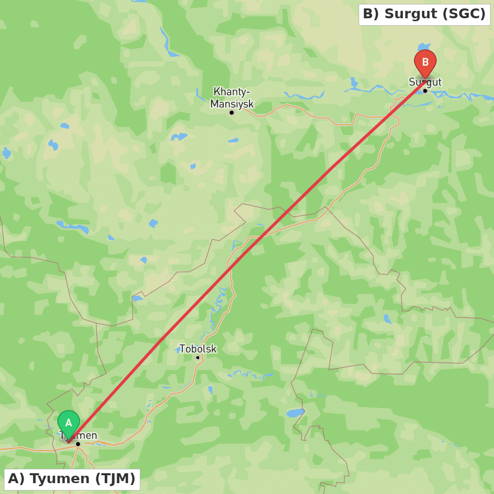 Flight route map from Tyumen to Surgut
