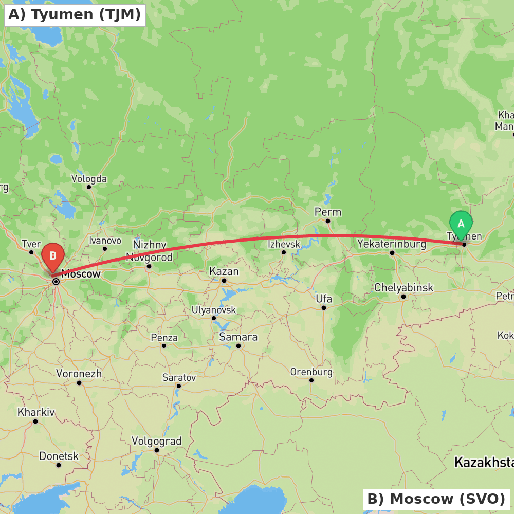 Flight route map from Tyumen to Moscow