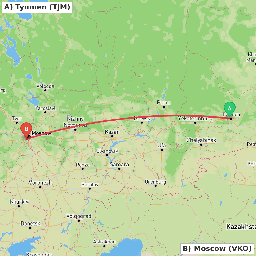 Flight route map from Tyumen to Moscow