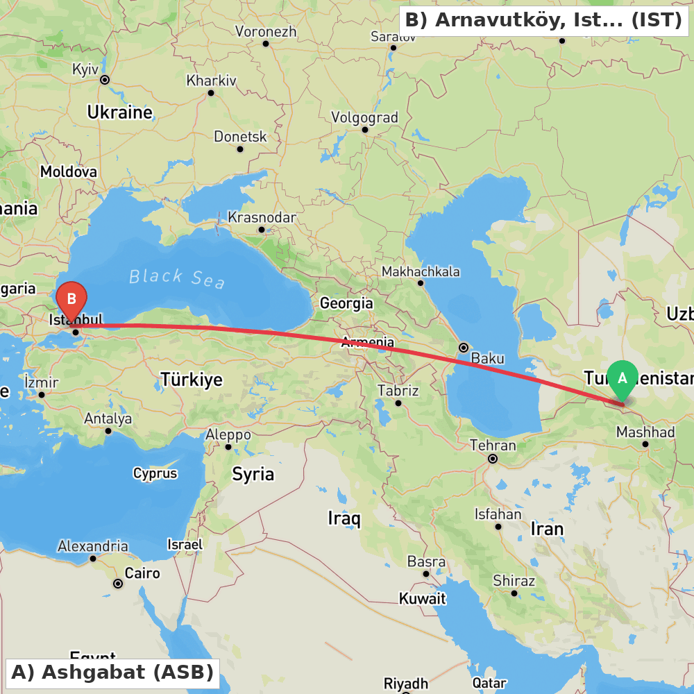 Flight route map from Ashgabat to Arnavutköy, Istanbul