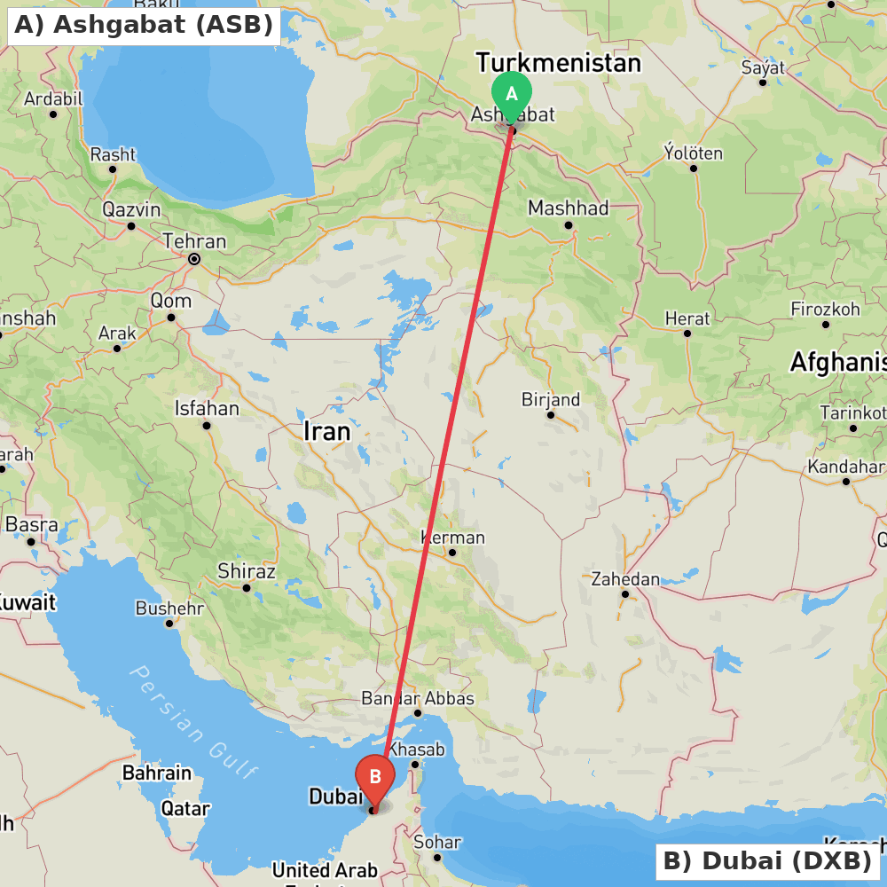 Flight route map from Ashgabat to Dubai