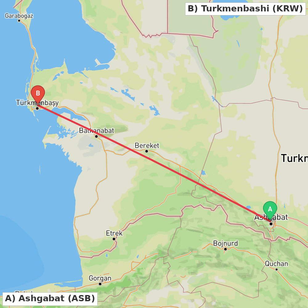 Flight route map from Ashgabat to Turkmenbashi